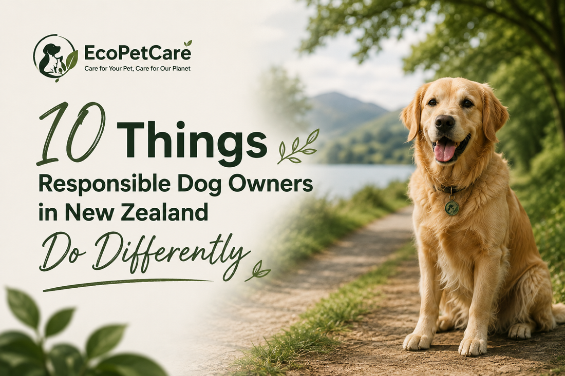 Responsible dog owner in New Zealand with a happy golden retriever enjoying nature, featured in EcoPetCare's guide to responsible dog ownership.