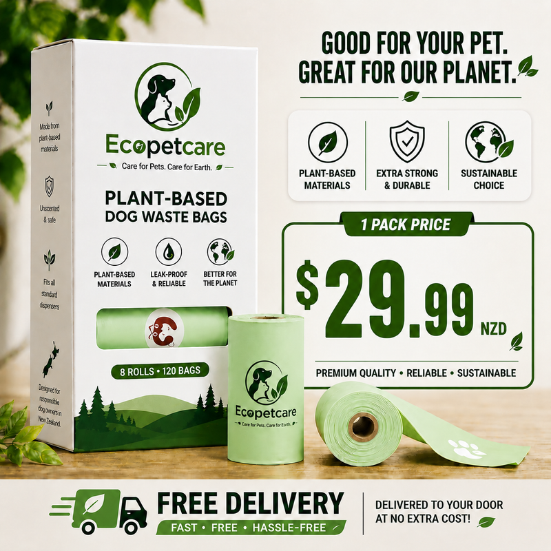 Ecopetcare plant-based dog waste bags packaging with promotional text on a wooden surface.
