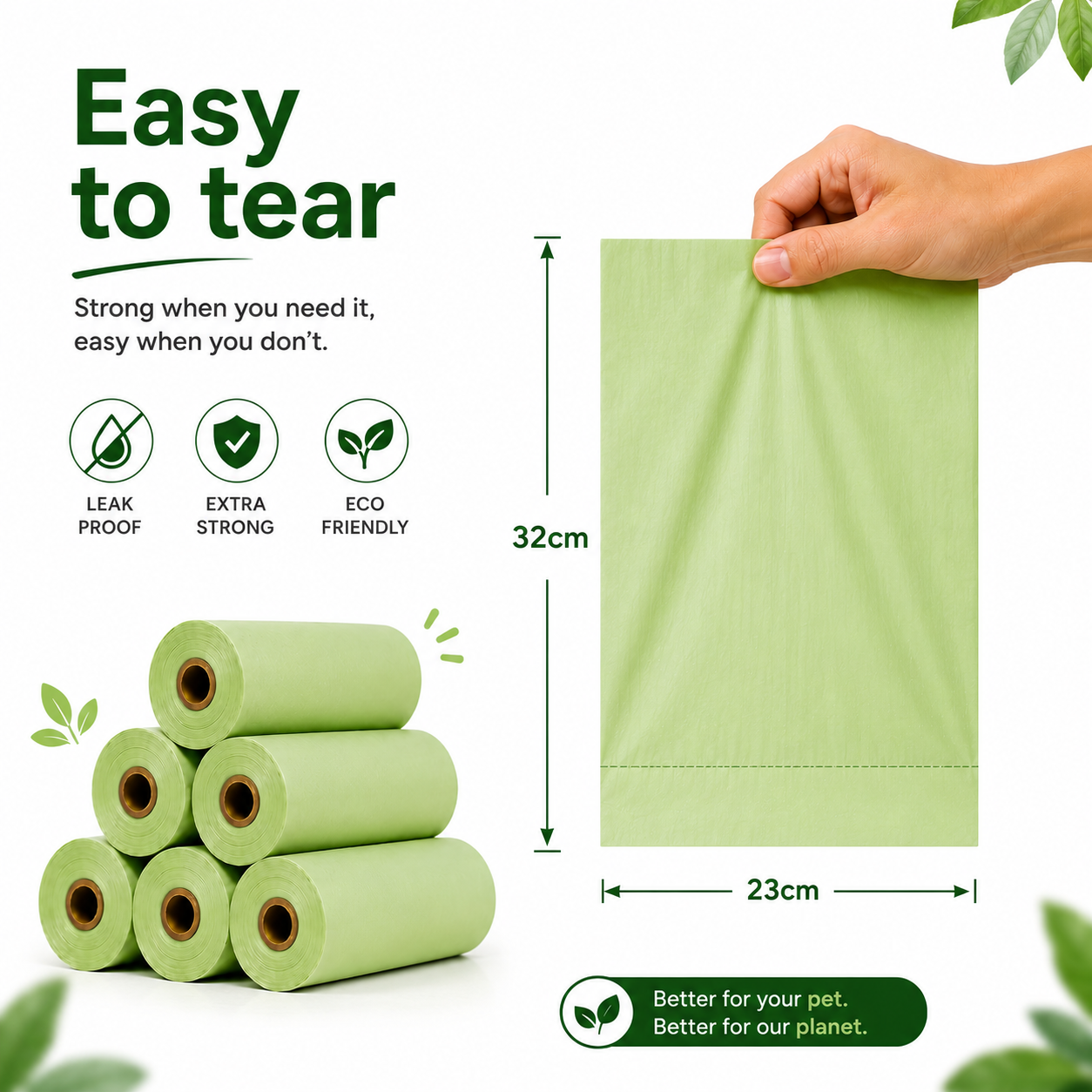 Easy to tear eco-friendly dog poop bags by Eco Pet Care being stretched by hand to show strength and durability.